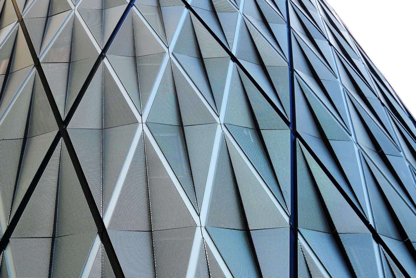 Perforated aluminium diagrid, shot upward